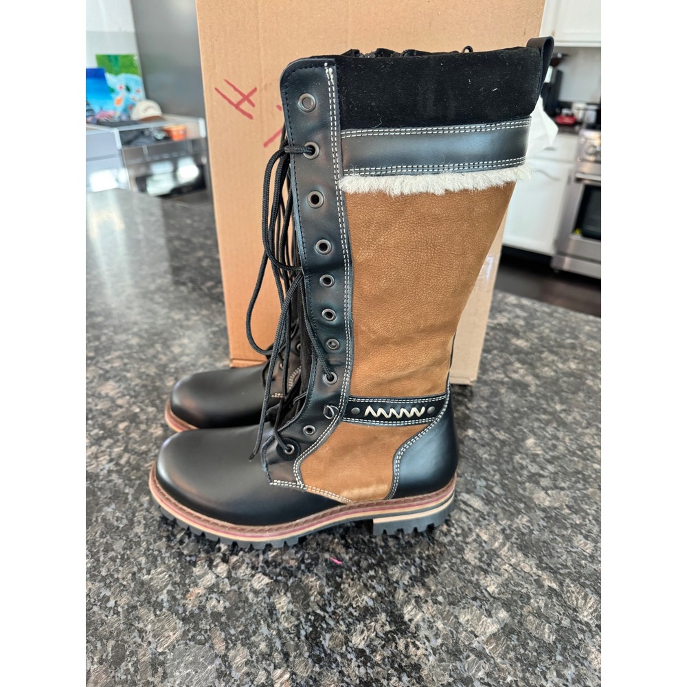 $529 Overland Ilka Tall Laced Boots Black Tan Leather Suede shoes EU 40, 9 NWB - Picture 2 of 12